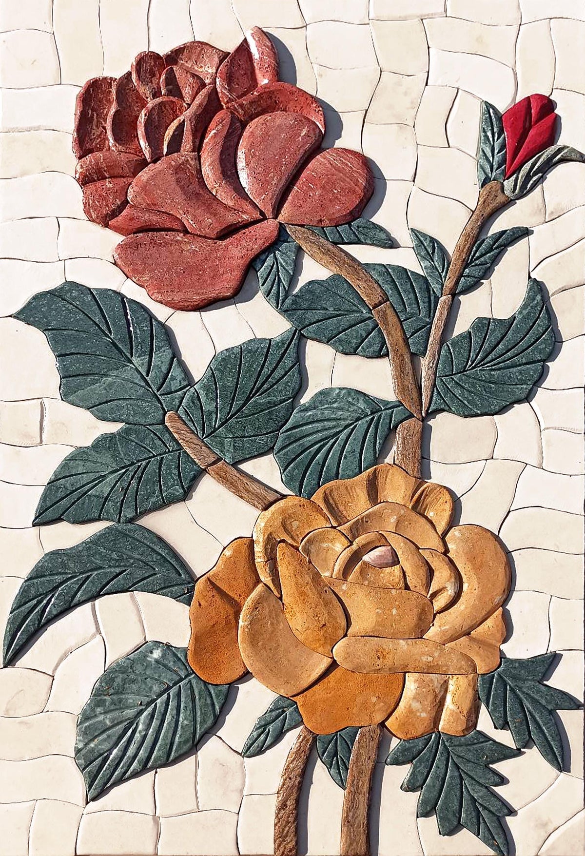 14"x20" Red & Gold Roses Mosaic – Handmade Embossed Marble Tile Wall Art, Customization available