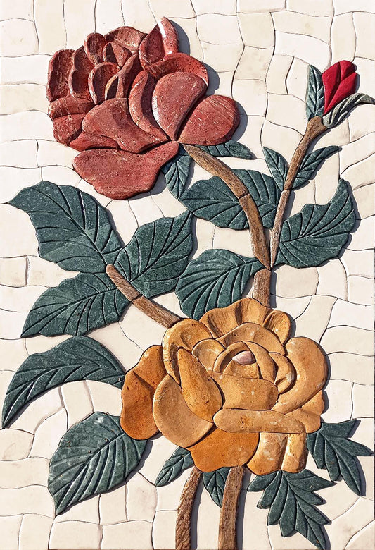 14"x20" Red & Gold Roses Mosaic – Handmade Embossed Marble Tile Wall Art, Customization available