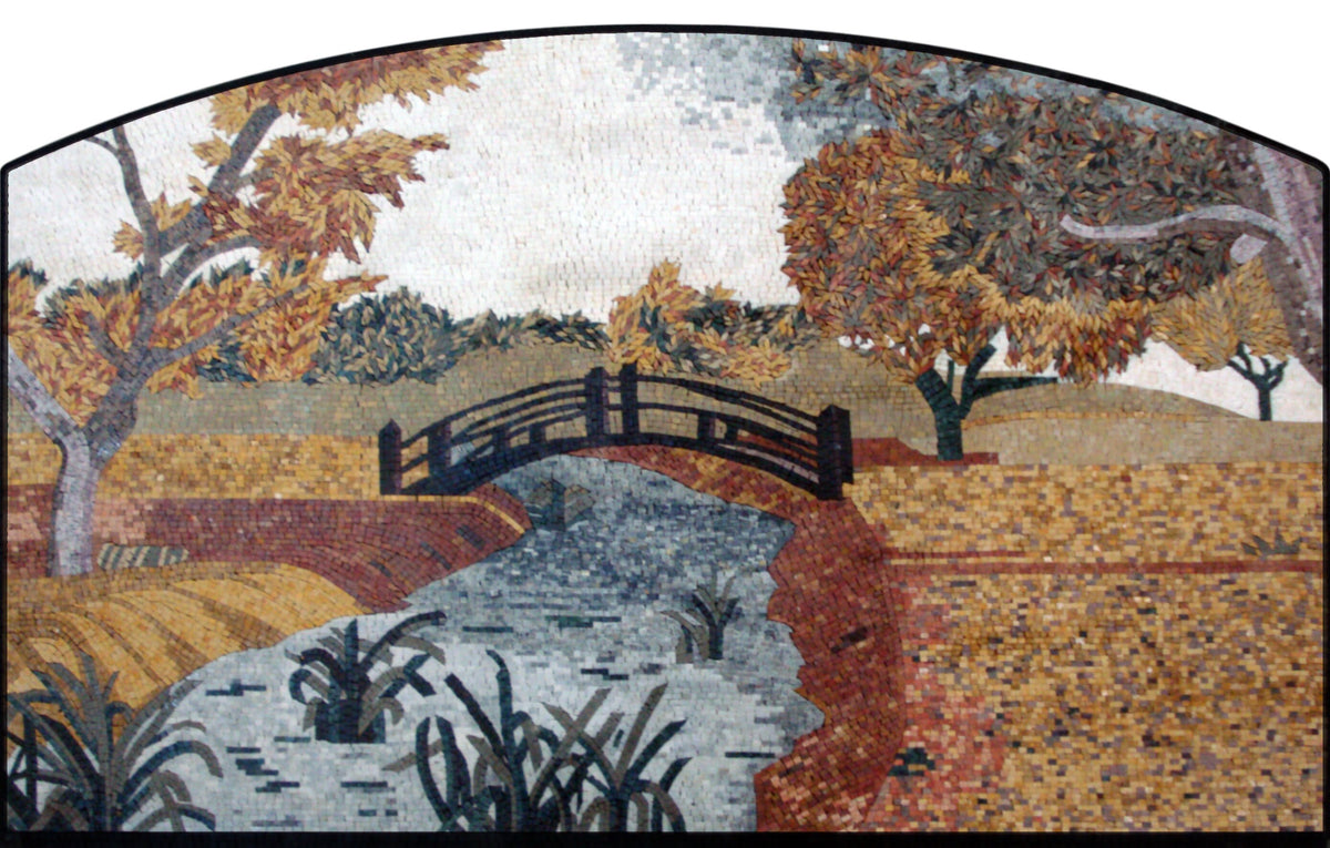 Handmade Marble Mosaic Tile: Autumn Bridge Scene Wall Art (62” x 40")