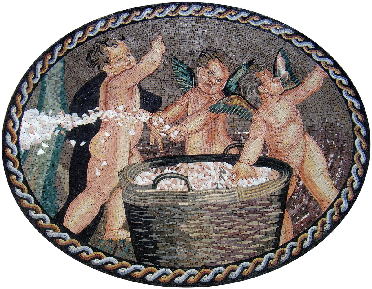 Handmade Cherubs Marble Mosaic Mural: Indoor/Outdoor Wall Art (52” x 32")