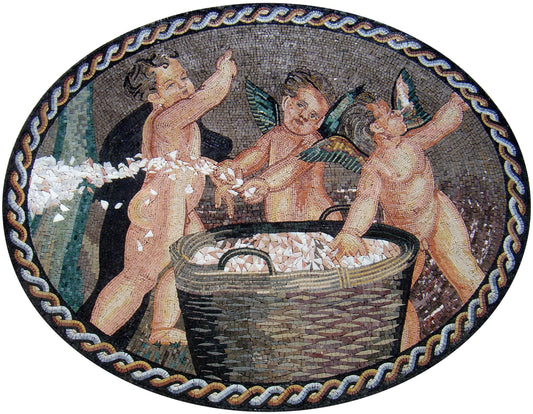 Handmade Cherubs Marble Mosaic Mural: Indoor/Outdoor Wall Art (52” x 32")