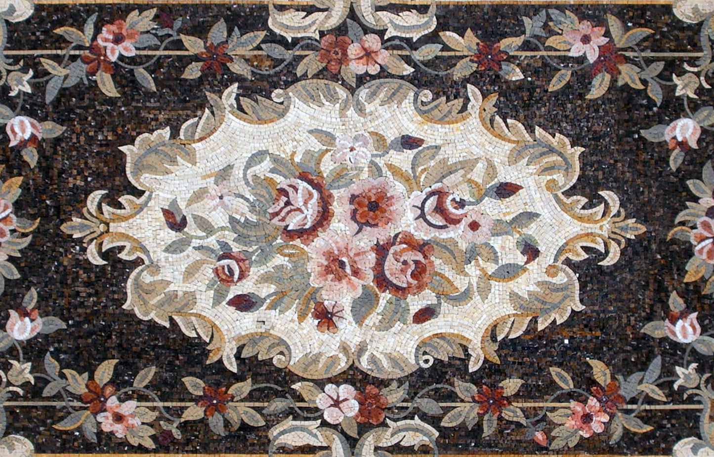 Floral Marble Mosaic Rug: Handmade Stone Art (96” x 60")