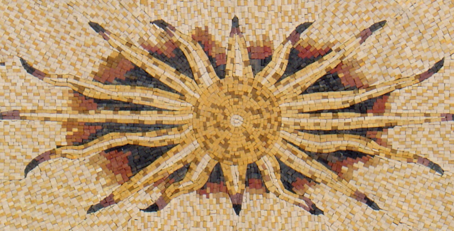 Handmade Marble Mosaic Rug: Flaming Sun Tile Art (56” x 28”)