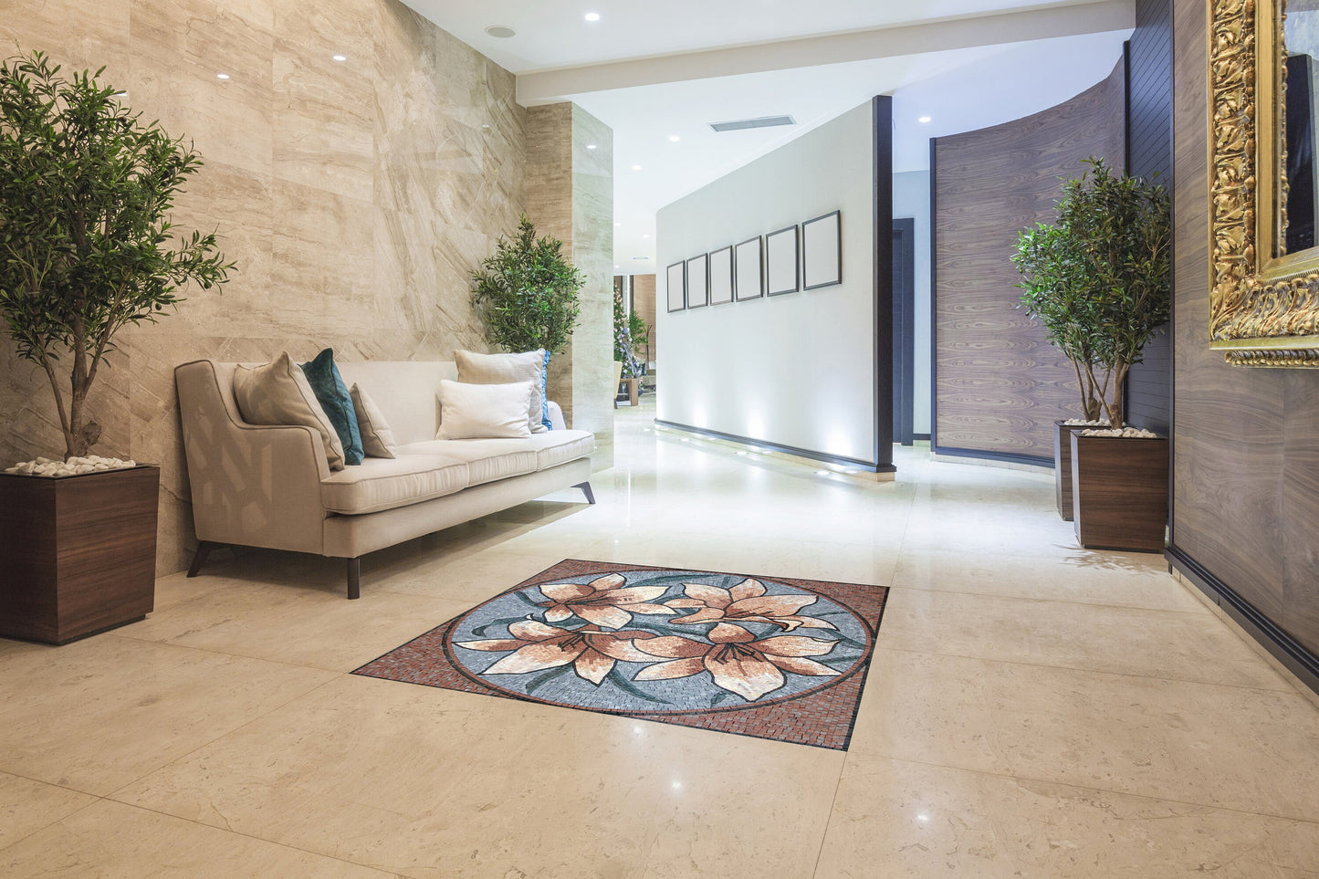 40" Handmade Marble Mosaic Tile: Hibiscus Floral Medallion