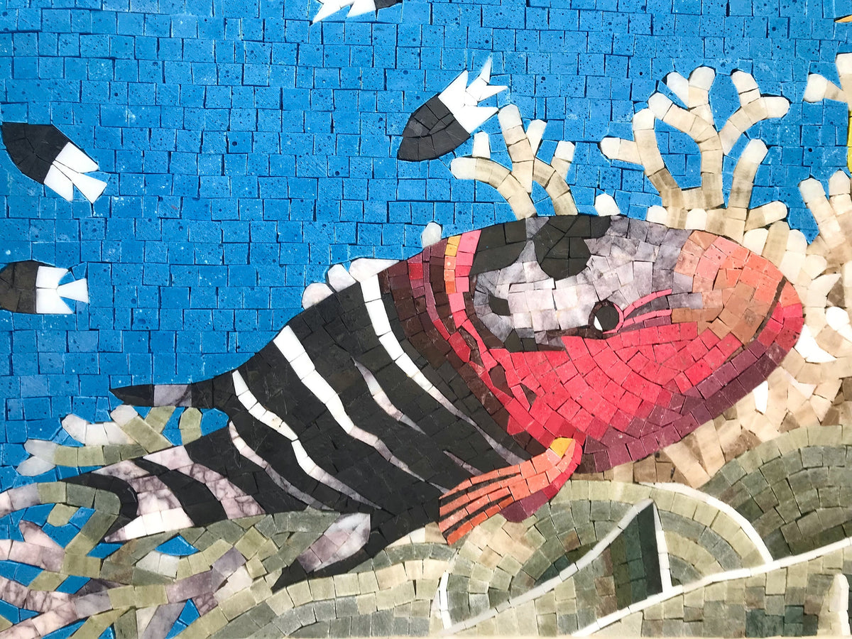 Handmade Sealife Mosaic Tile: Turtle & Fish Ocean Mural (48” x 36”)