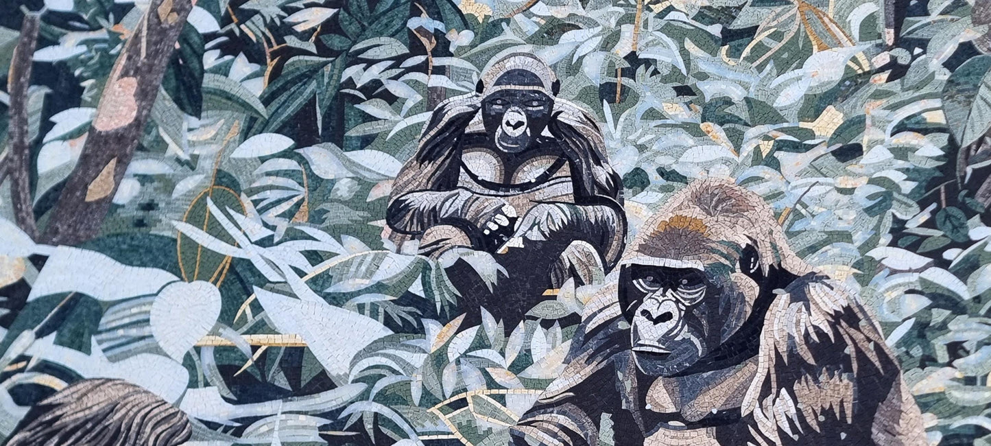 120"x50" Women and Monkey in Grass Mosaic Wall Art – Nature-Inspired Scene, Exotic Home Decor, Customization available