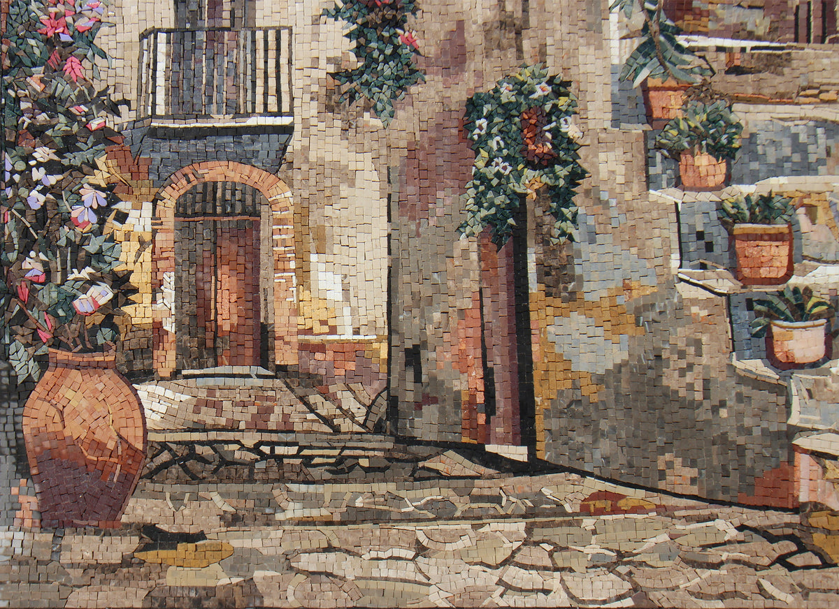Handmade Cobblestone Street Mosaic Tile Art: European Town Floral Design