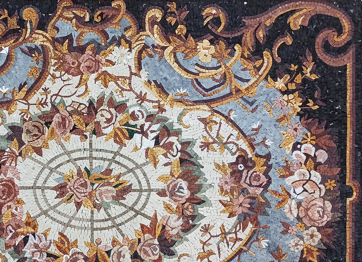 Handmade Marble Mosaic Rug: Floral Medallion Design (88” x 60")
