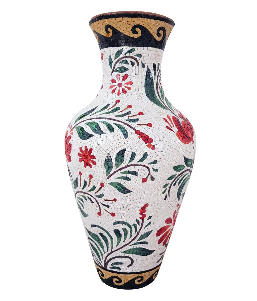 Handmade Floral Mosaic Vase: White Marble Stone Plant Holder