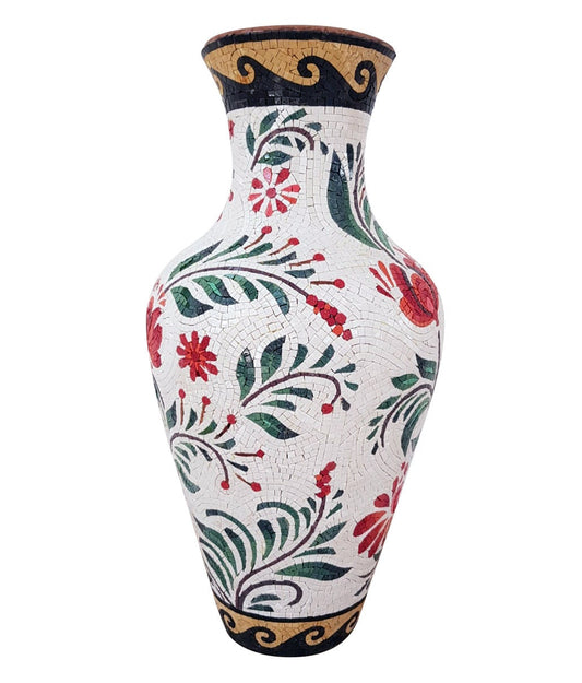 Handmade Floral Mosaic Vase: White Marble Stone Plant Holder
