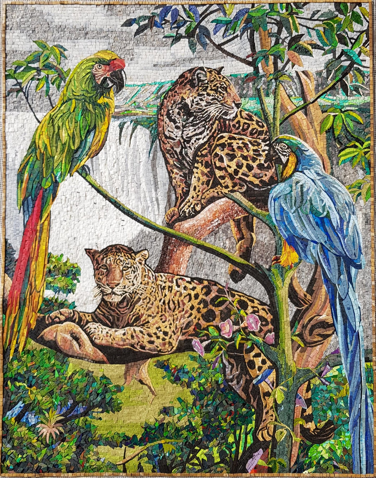 52"x40" Jungle Mosaic Wall Art – Handmade Marble Tile Artwork Featuring Parrots and Tiger, Customization available