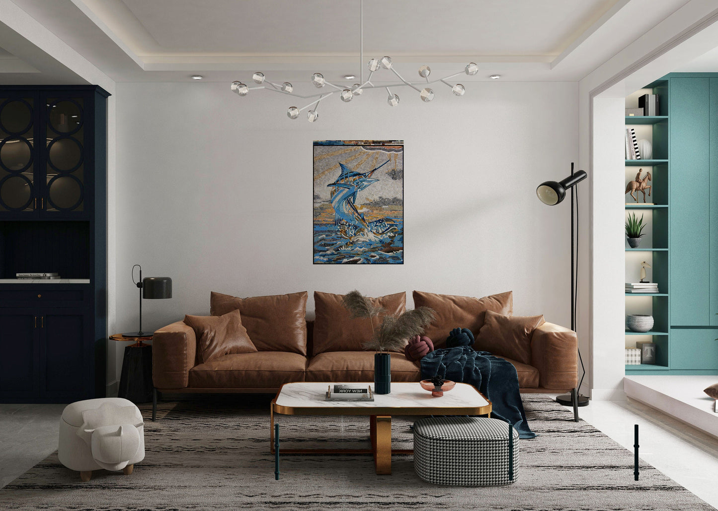 Handmade Swordfish Mosaic Mural: Leaping Marlin Marble Wall Art
