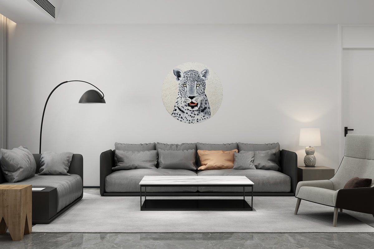 Snow Leopard Mosaic Tile: Handmade Marble Animal Wall Art (36" Di)