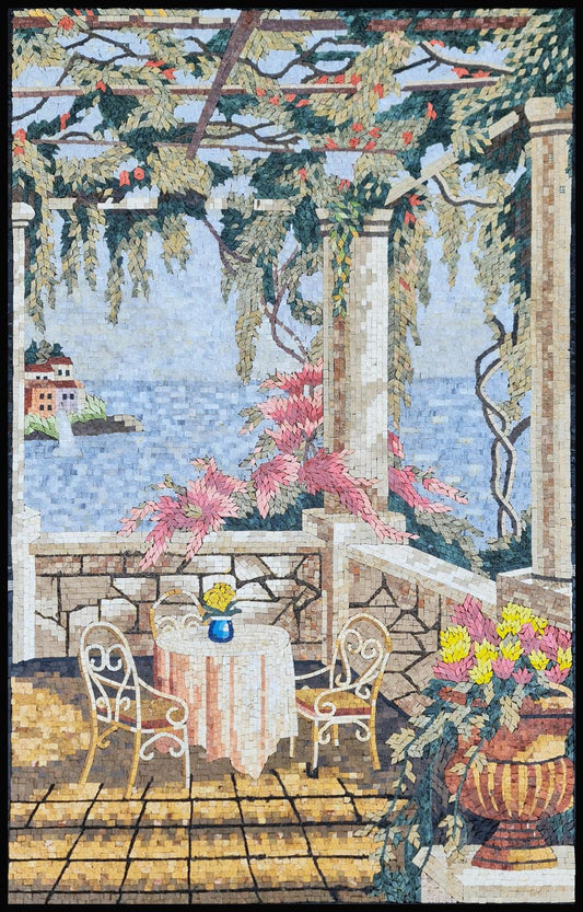 32″×50″ Terrace & Sea‑View Mosaic – Handmade Marble Wall Art, Mediterranean Landscape Accent, Customization available