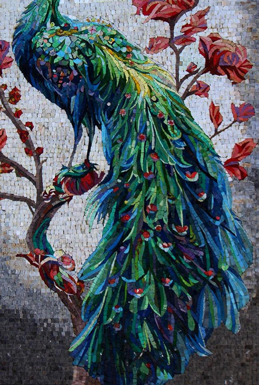 50"x32" Peacock on Tree Mosaic Wall Art –Vibrant Bird Design, Nature-Inspired Home Decor, Customization available