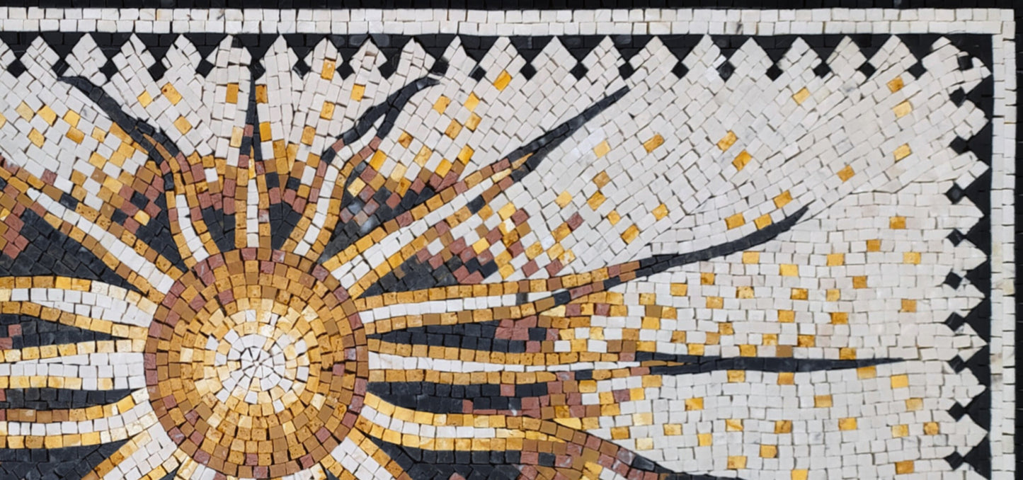 Flaming Sun Marble Mosaic Rug: Handmade Celestial Tile Art