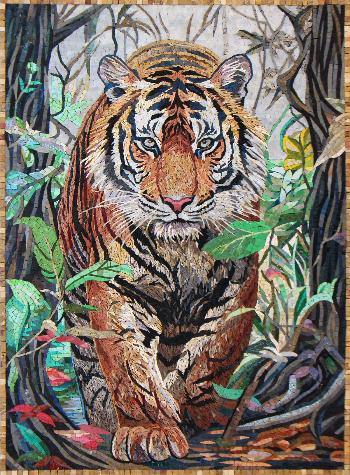 40"x28" Tiger in Leaves Mosaic Wall Art – Custom Handmade Marble Tile Artwork, Jungle Wildlife Decor, Customization Available