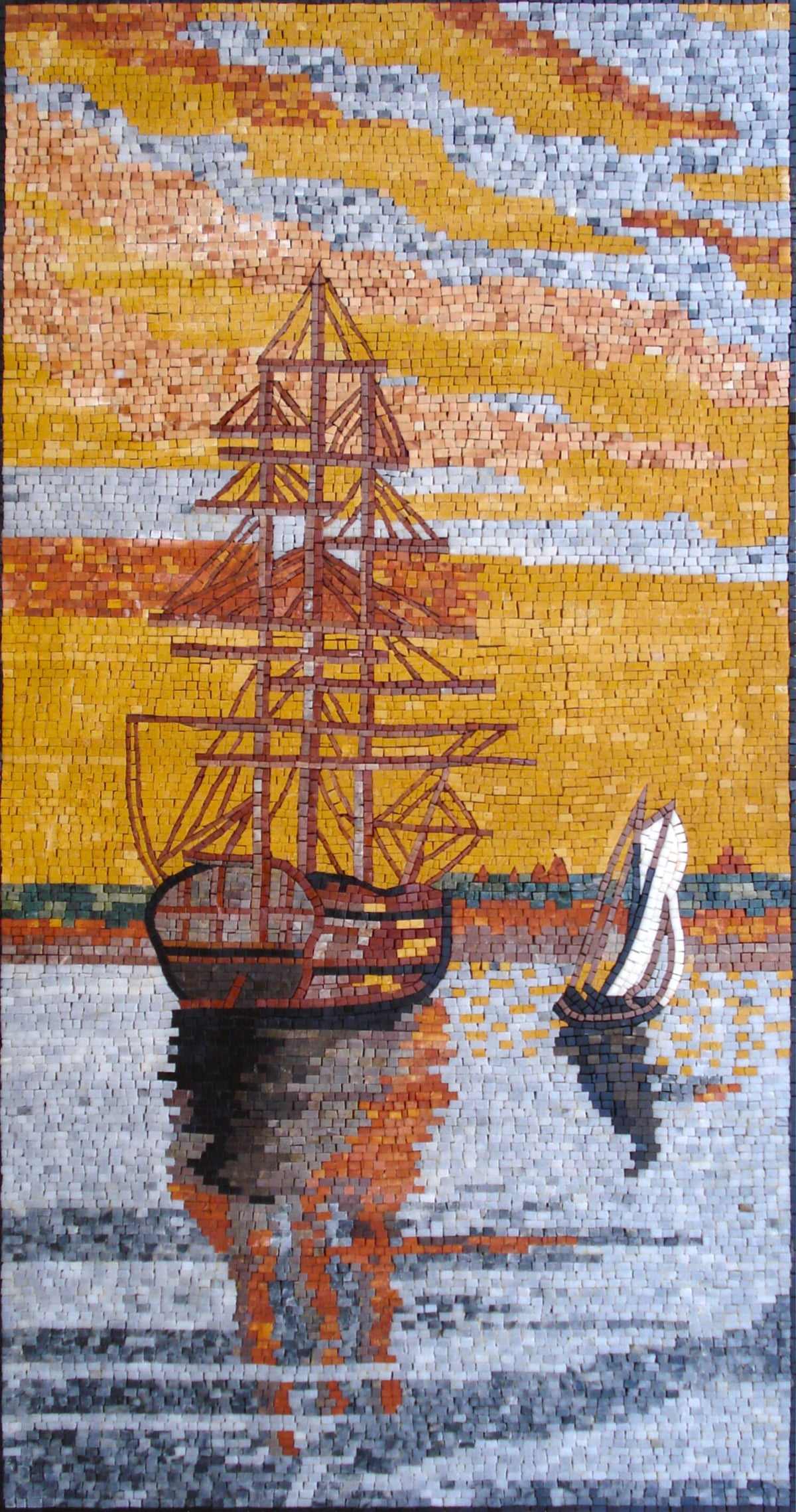 LS012 Coastal Sunset Sail Boat Marble Mosaic Landscape Art Tile