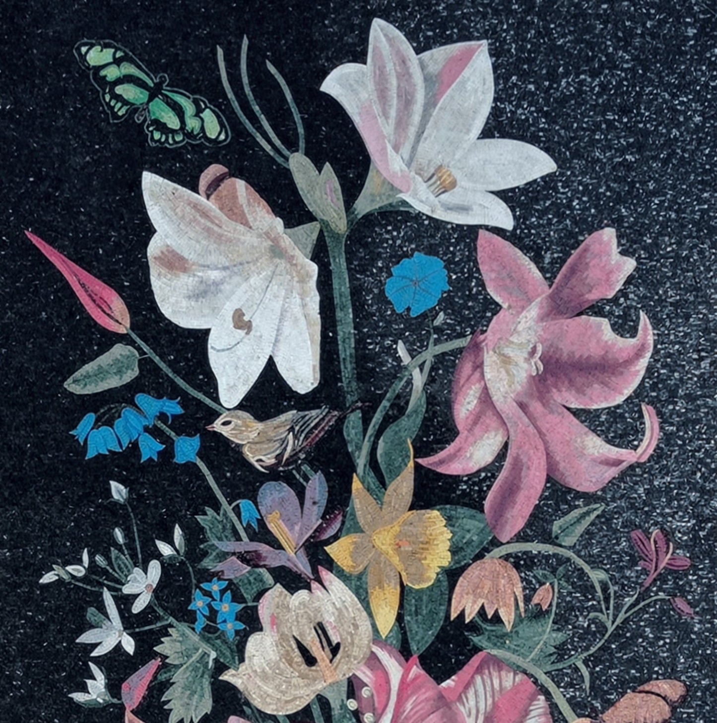 Handmade Floral Mosaic Wall Art: Lilies, Chrysanthemums, Stone Vase