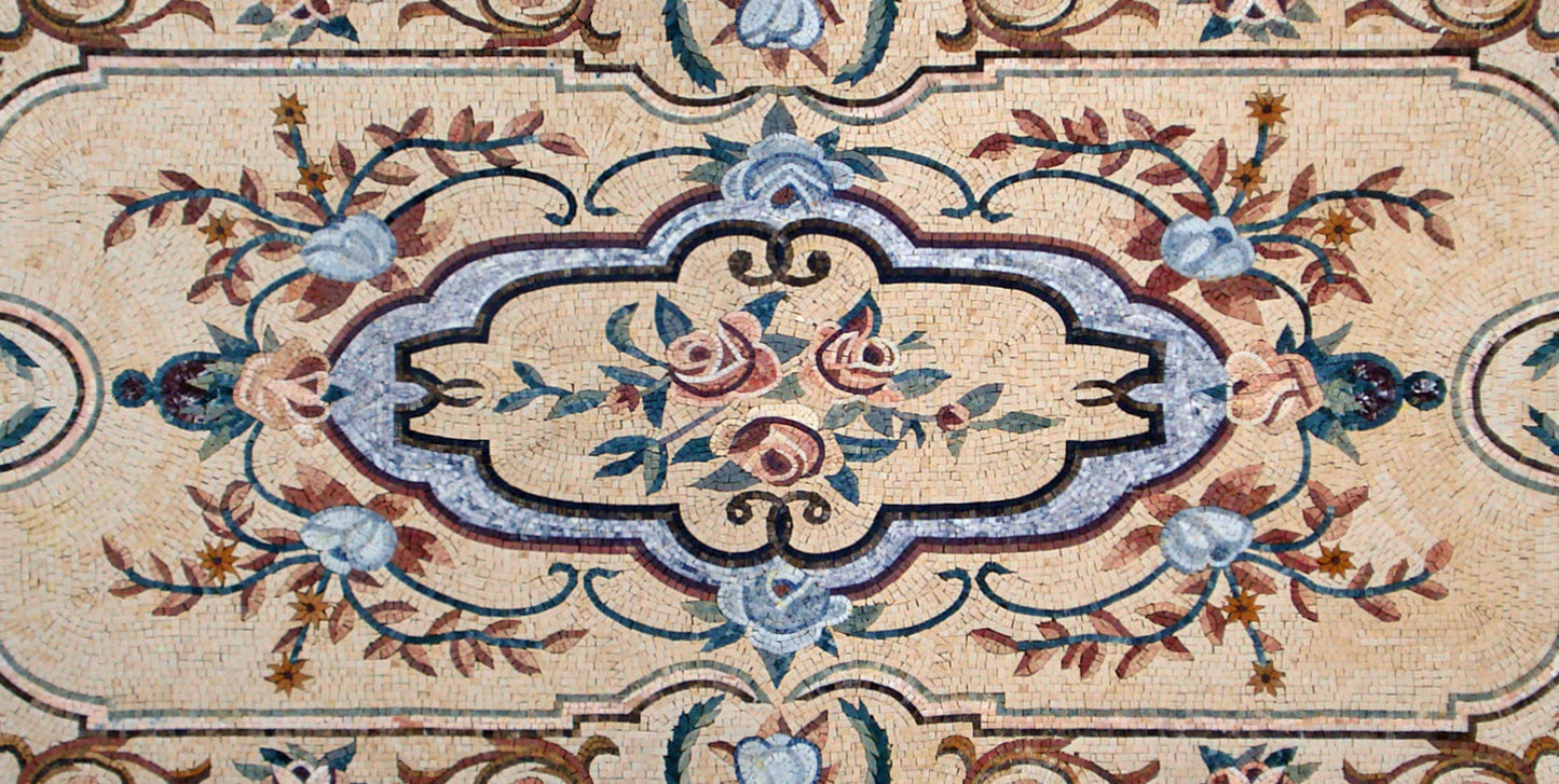 Floral Marble Mosaic Rug: Handmade Stone Carpet (108” x 54")