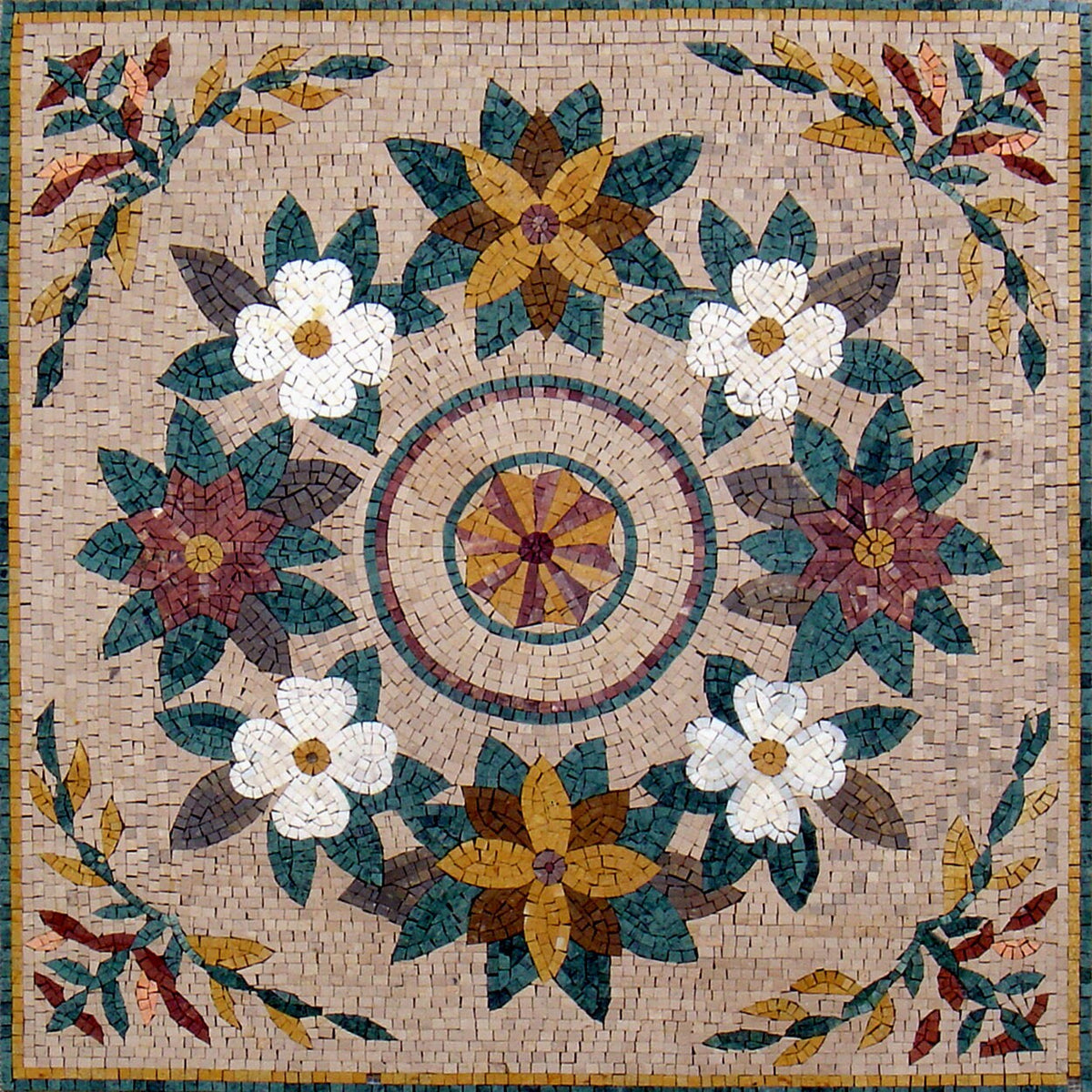 Floral Marble Mosaic Tile Medallion - 40" Handmade Art
