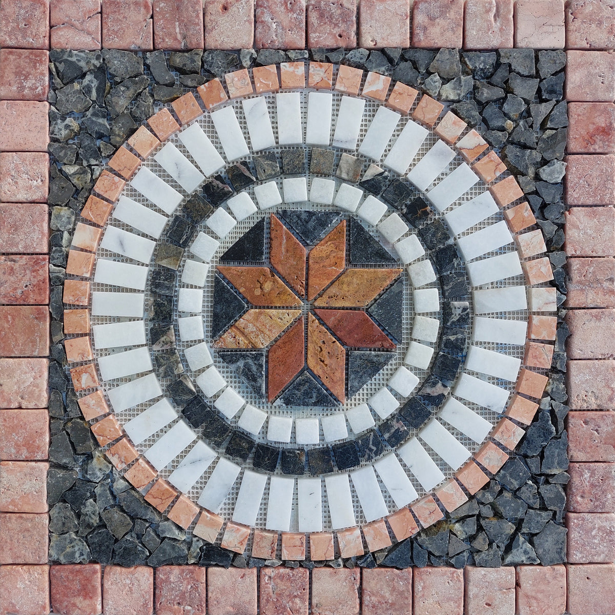 Handmade Marble Stone Mosaic Medallion: Tropical Garden Decor (24”x24”)