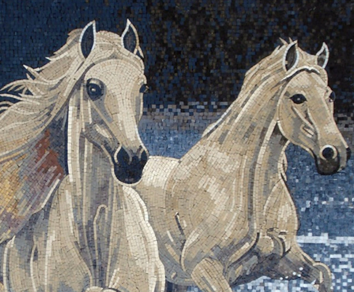 Handmade White Horse Mosaic Tile Mural: Marble Stone Animal Art (60” x 52”)