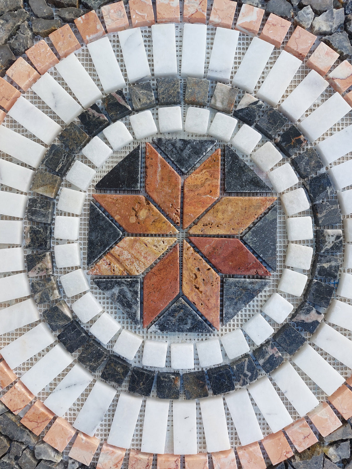 Handmade Marble Stone Mosaic Medallion: Tropical Garden Decor (24”x24”)