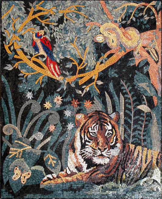 TIGER ART BACKSPLASH | Wild Jungle Animal Mosaic Tiles Murals For House Warming | Tiger Snake And Macaw Artwork Tiles For Interior Room