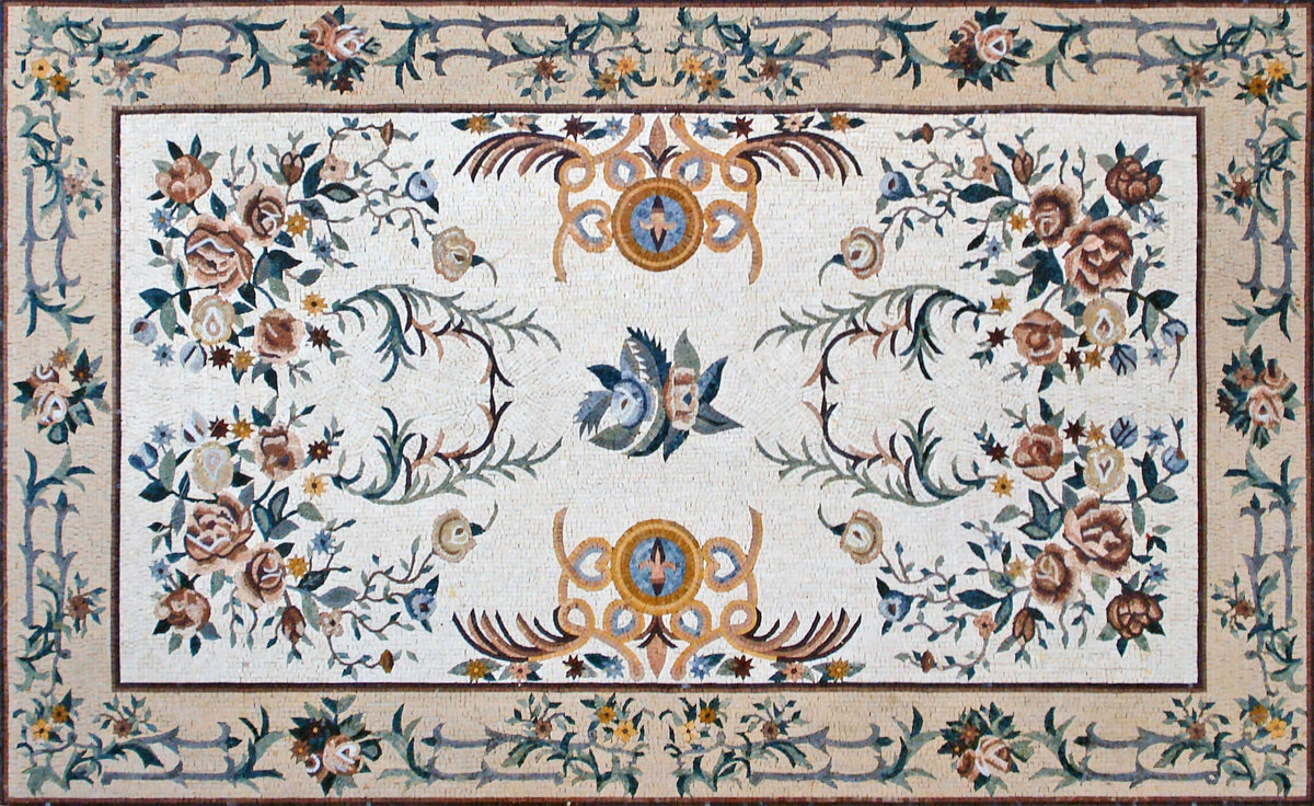 Handmade Rose Mosaic Rug: Marble Tile Floor Covering
