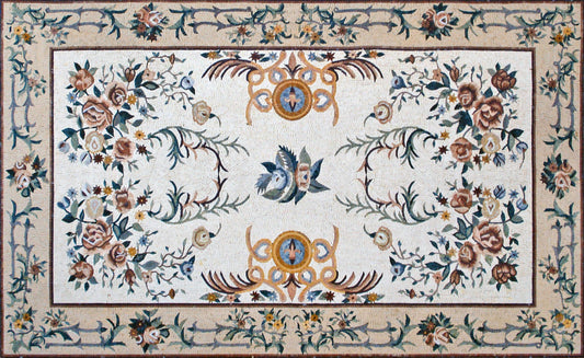 Handmade Rose Mosaic Rug: Marble Tile Floor Covering