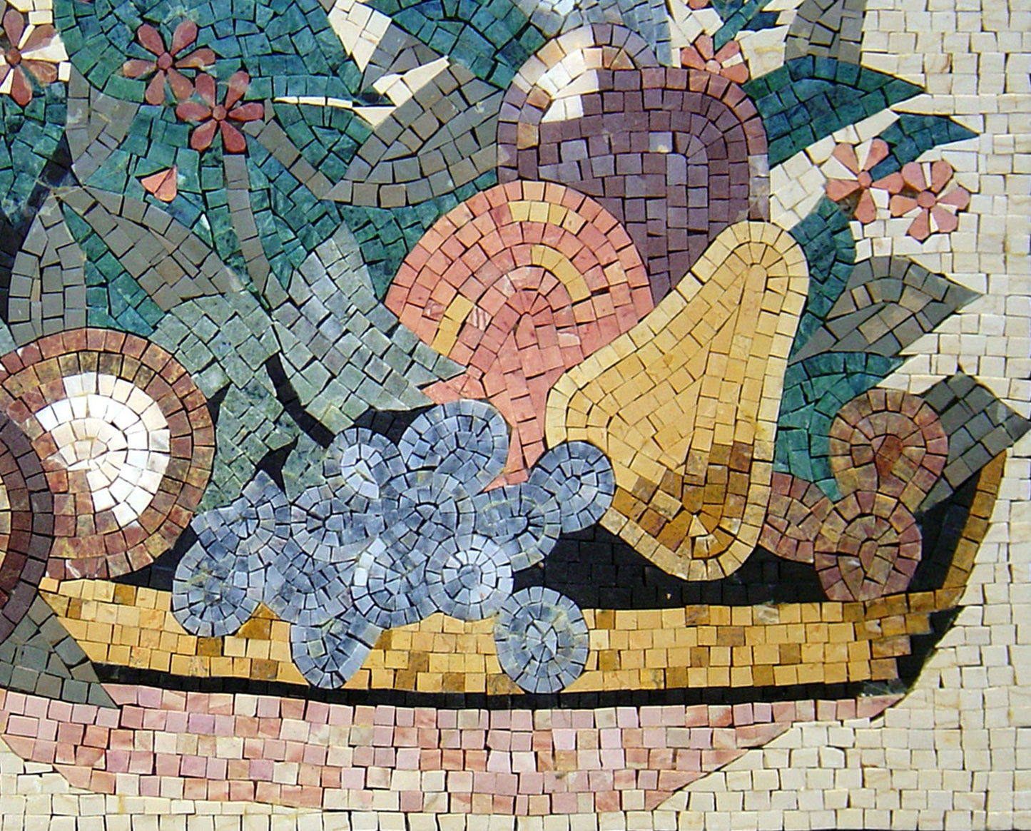 Handmade Fruit Basket Mosaic: Marble Stone Backsplash (30” x 20")