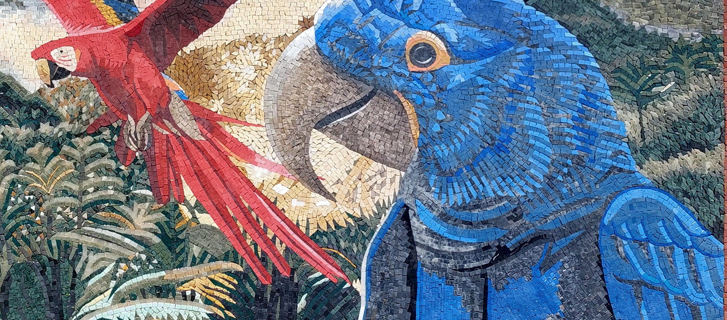 90"x40" Parrots Mosaic Wall Art –Vibrant Tropical Bird Scene, Nature-Inspired Home Decor, customization available