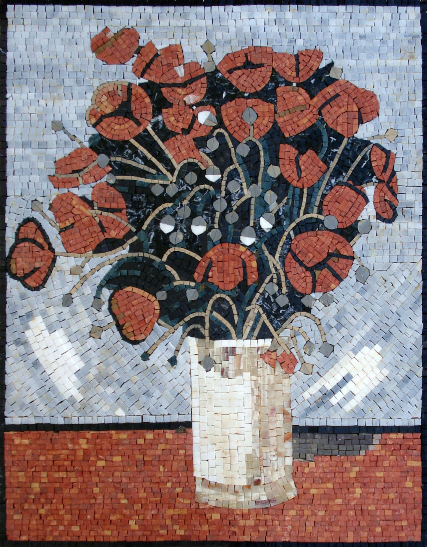 Handmade Marble Mosaic Art: Flower Vase Kitchen Backsplash Tile (36” x 24”)