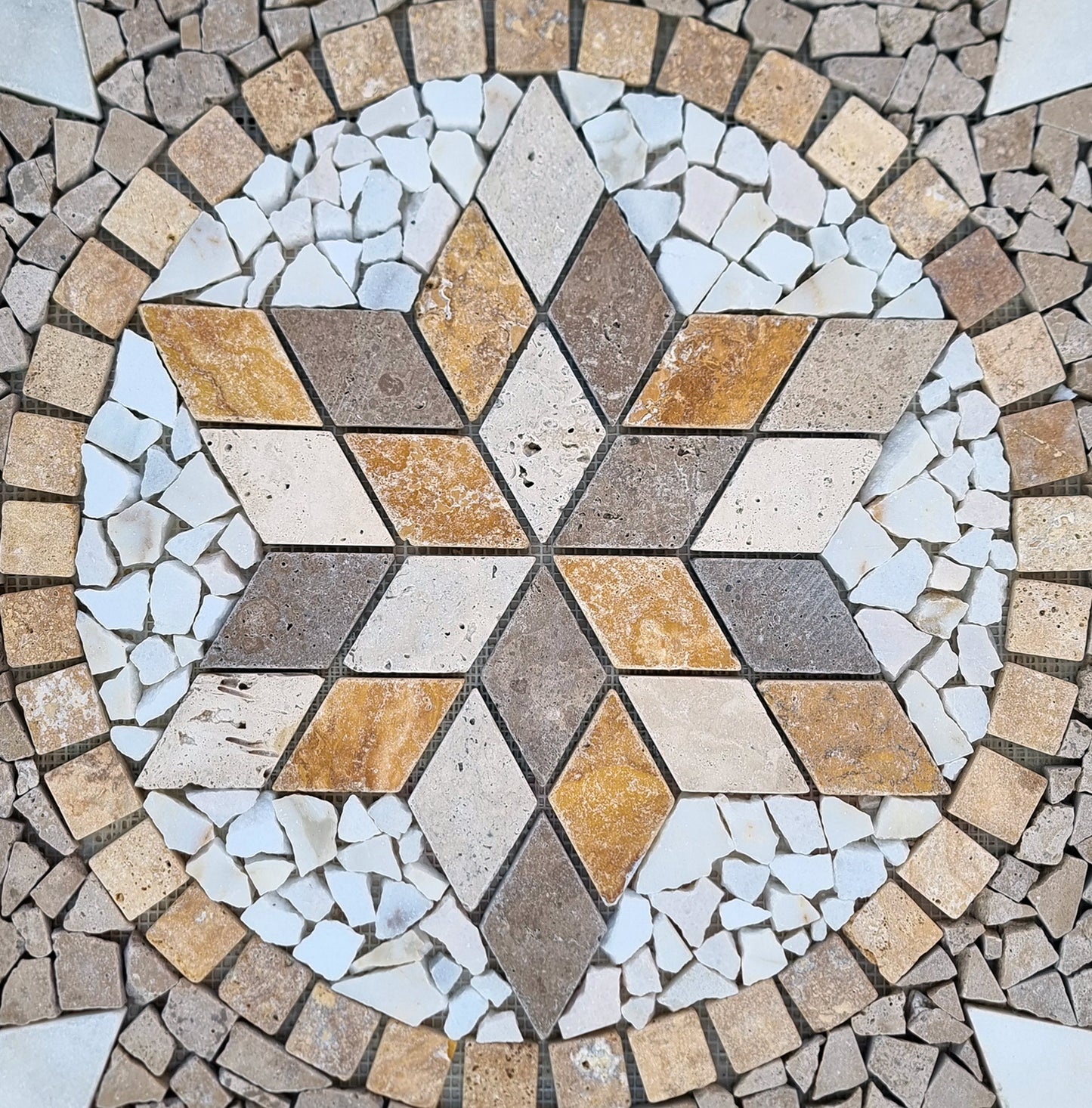 Handmade Travertine Mosaic Medallion: Tropical Stone Art, 24"