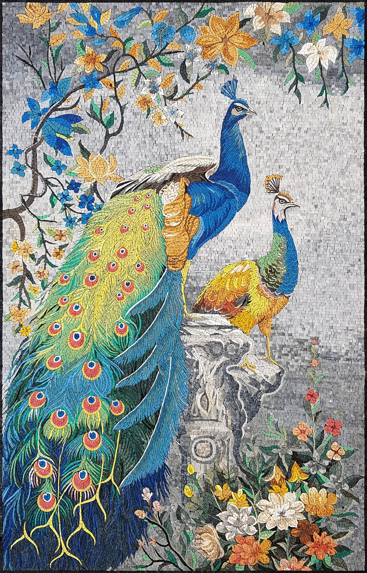 62” x 38” Handmade Peacock Mosaic Tile Art – Botanical Wall Décor - Customization Available