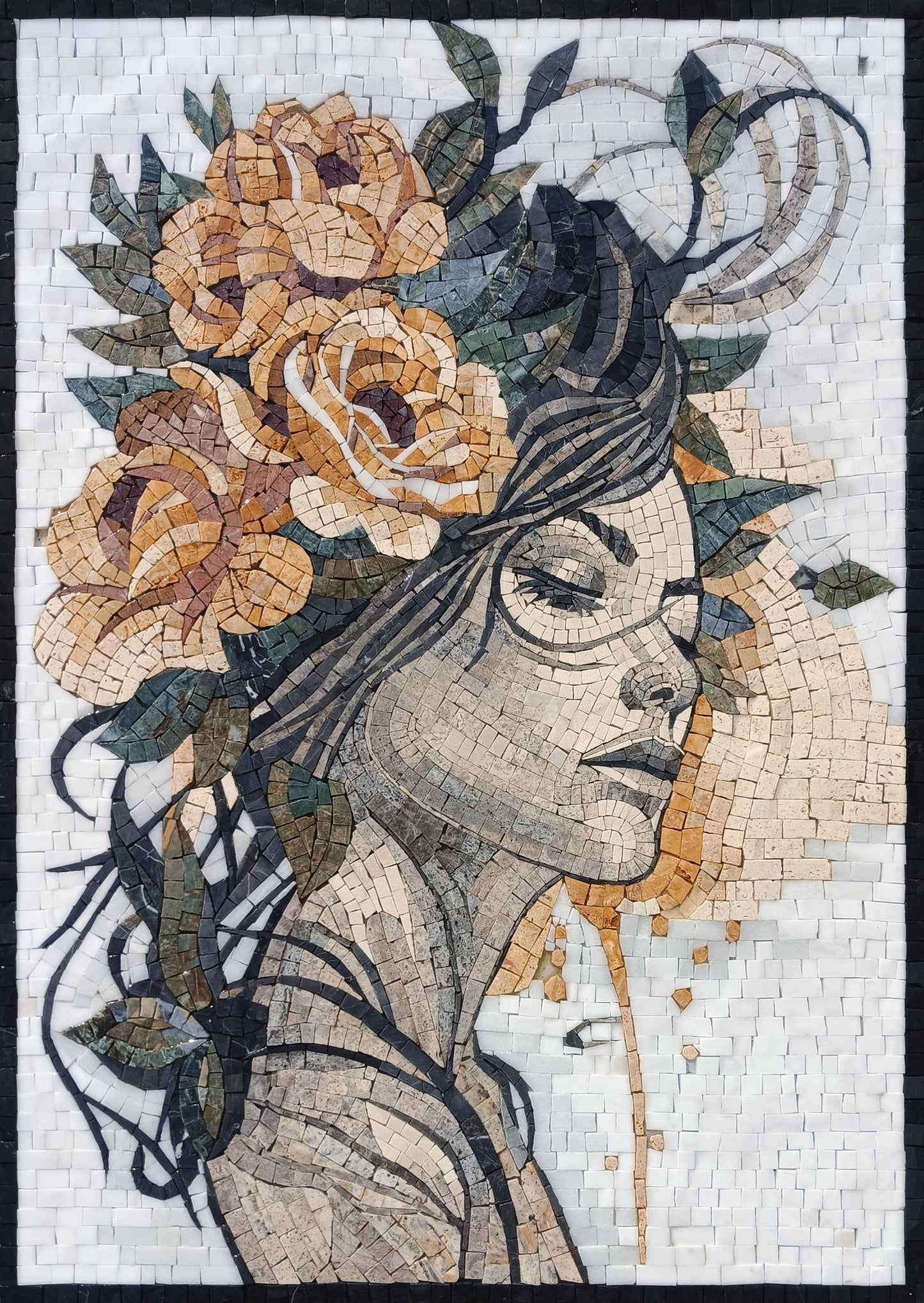 WOMAN MOSAIC TILES | Woman Hair Flying With Elegant Roses, Art Tile Mural
