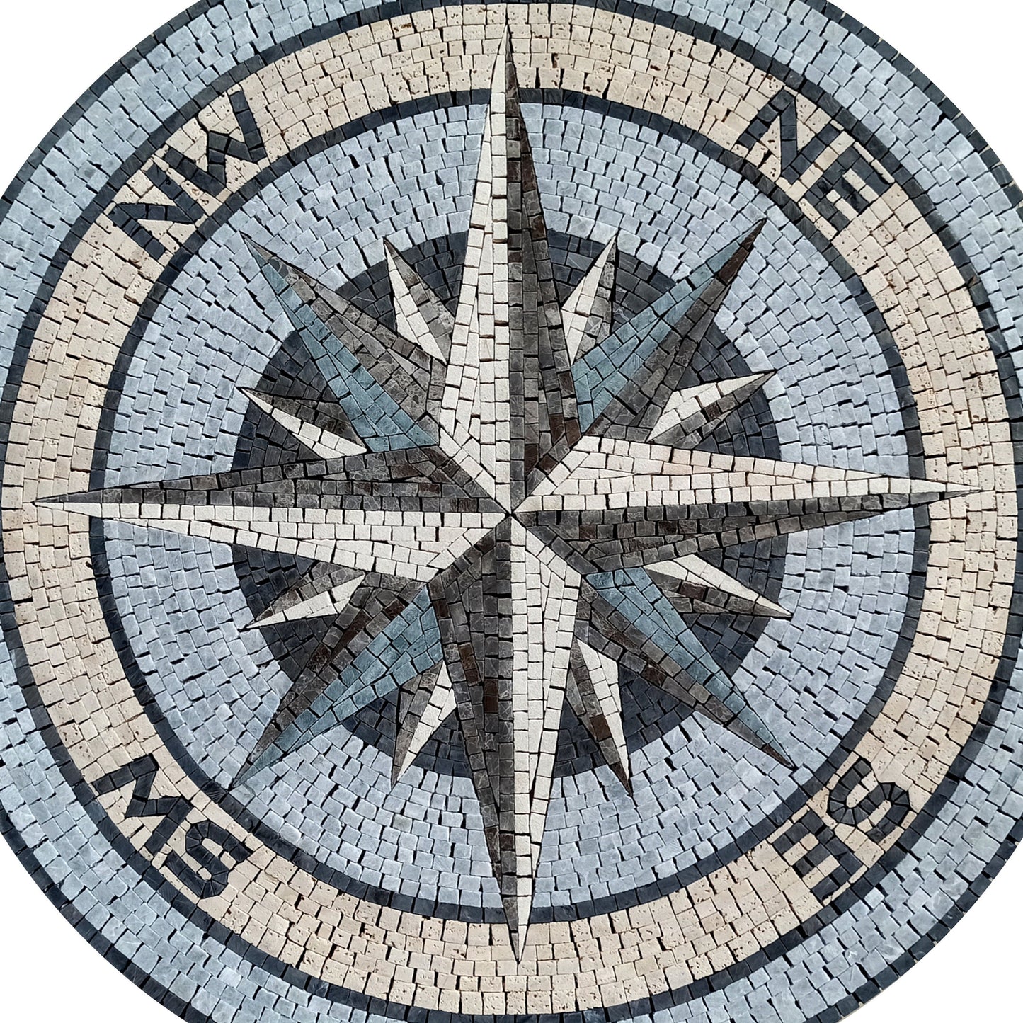 Nautical Essence - Round Mosaic Design - Compass Rose in Storm Grey Mosaic Medallion - Customization available