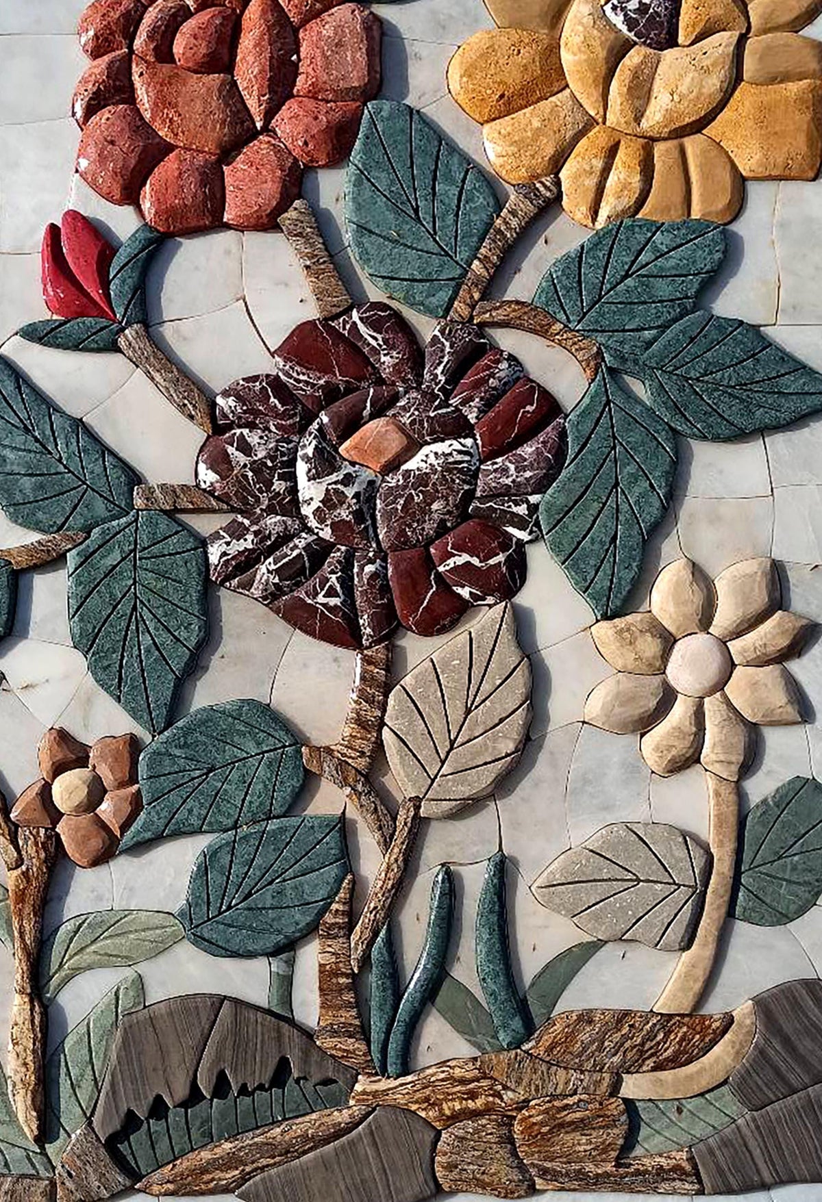 16"x24" Multicolored Flower Mosaic – Handmade Marble Tile Wall Art, Chunky Floral Design, Customization available