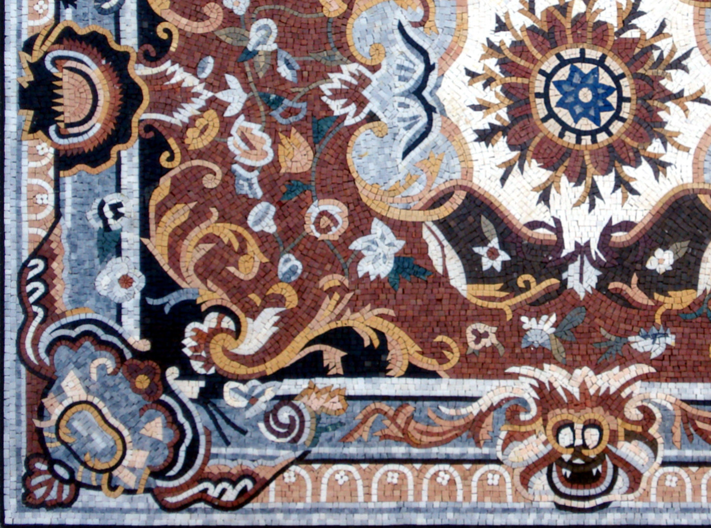 Handmade Marble Stone Mosaic Rug: Floral Medallion Design