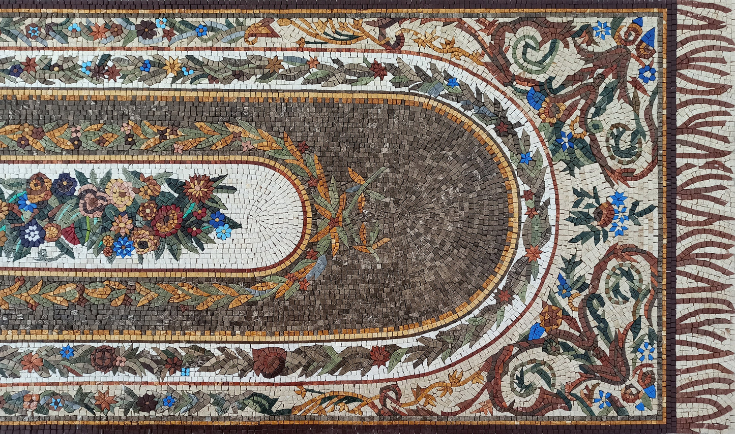 Handmade Marble Stone Mosaic Rug: Floral Art, Large Luxury Rug (108” x 36")