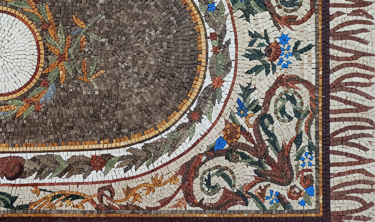 Handmade Marble Stone Mosaic Rug: Floral Art, Large Luxury Rug (108” x 36")