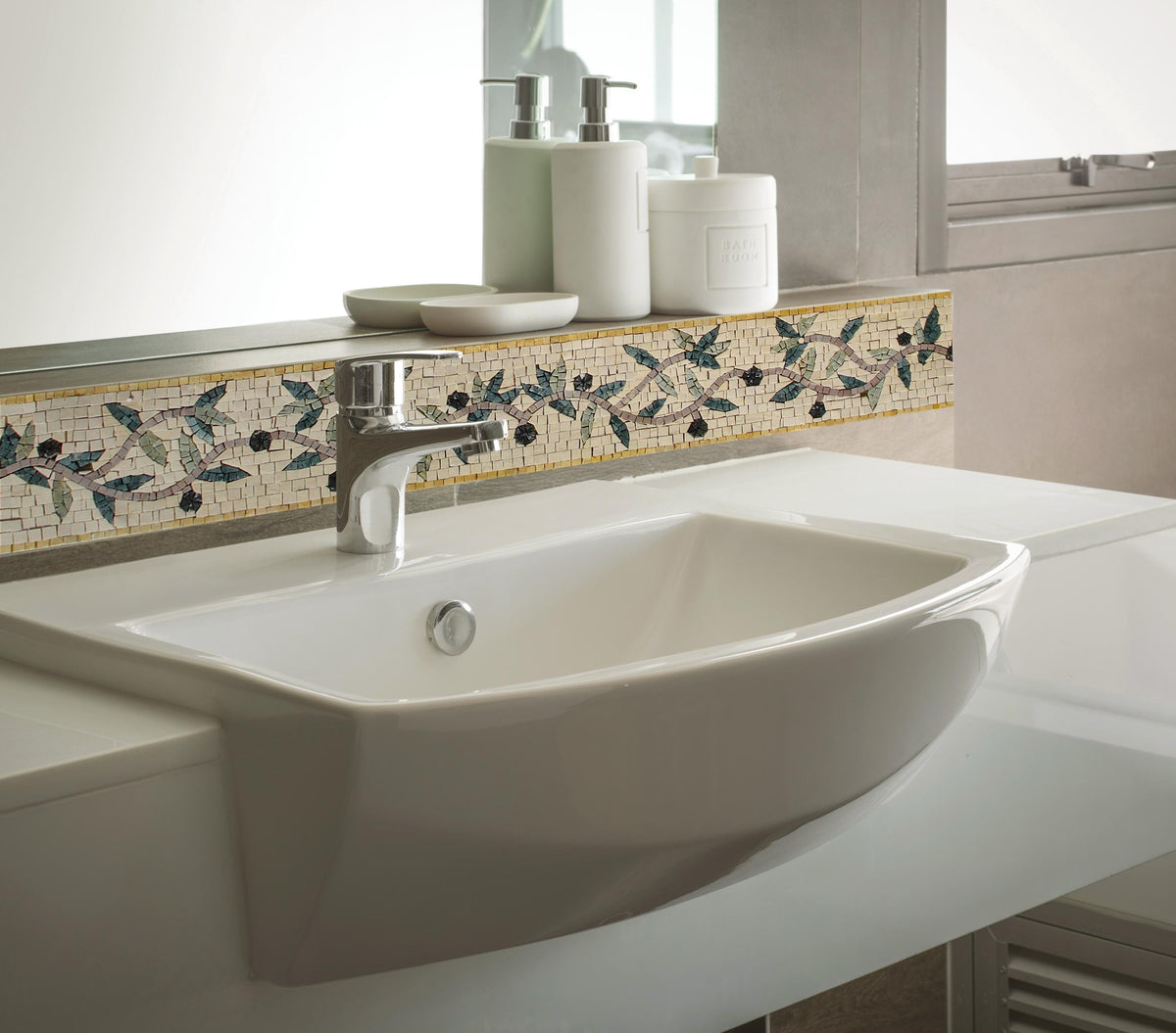 6″ Roman Inspired Olive Branch Border Mosaic – Handmade Marble Tile Trim, Classic Wall Accent