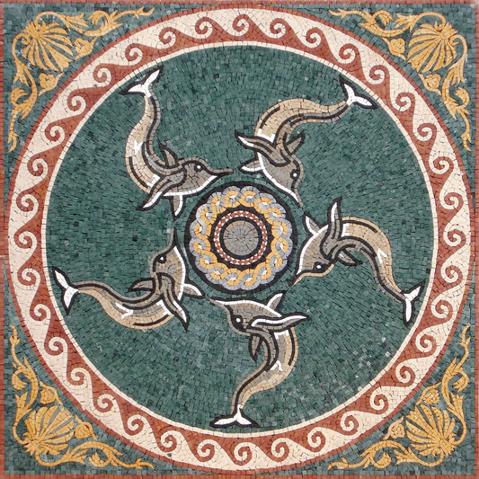 AN199 Dolphins Circle Pattern Marble Mosaic Art Tile