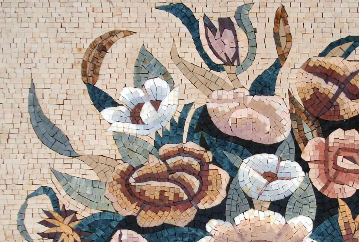 Handmade Marble Mosaic: Floral Bouquet in Vase Wall Art (36"x24")