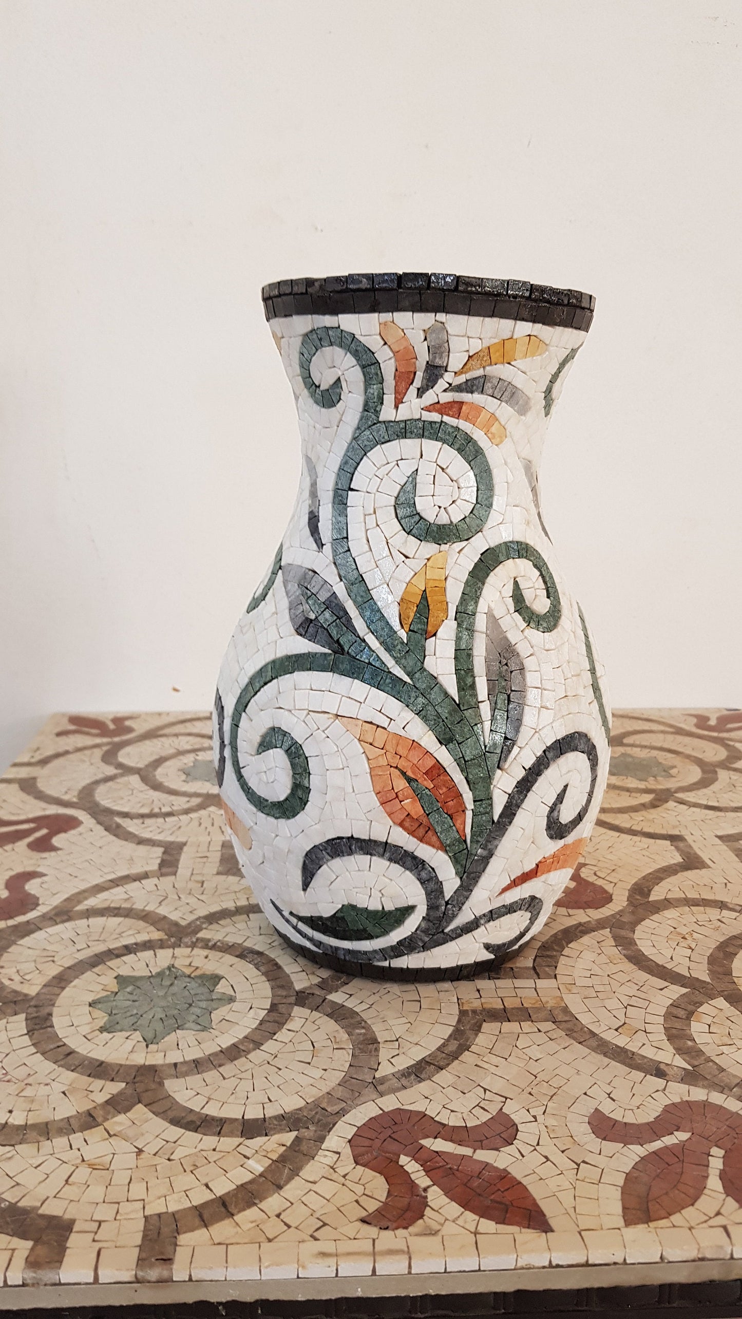 Handmade Marble Mosaic Vase: Black and White Floral Design