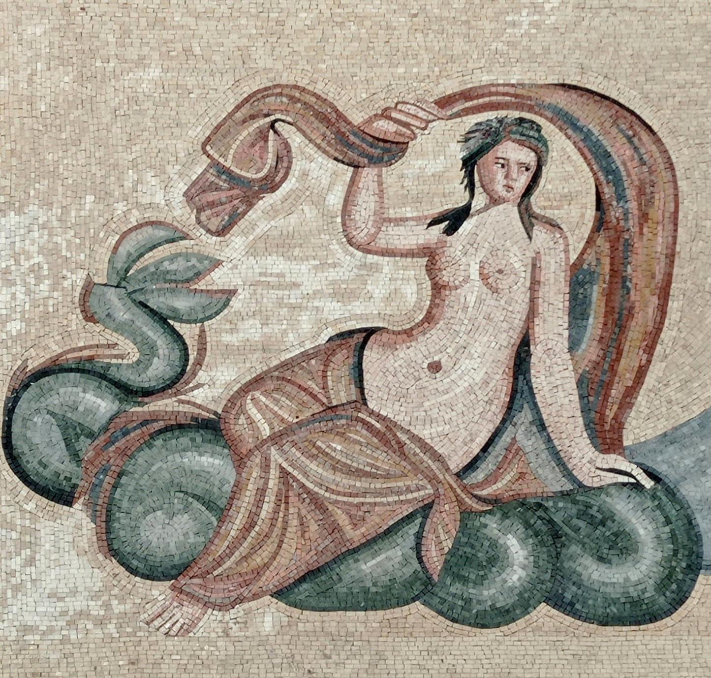 Handmade Nereid & Hippocamp Mosaic Tile Art: Italian Backsplash (66” x 36”)