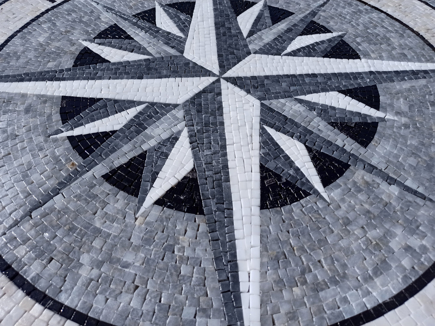 Nautical Compass Mosaic Tile Art: Handmade Marble Medallion (32" Diameter)