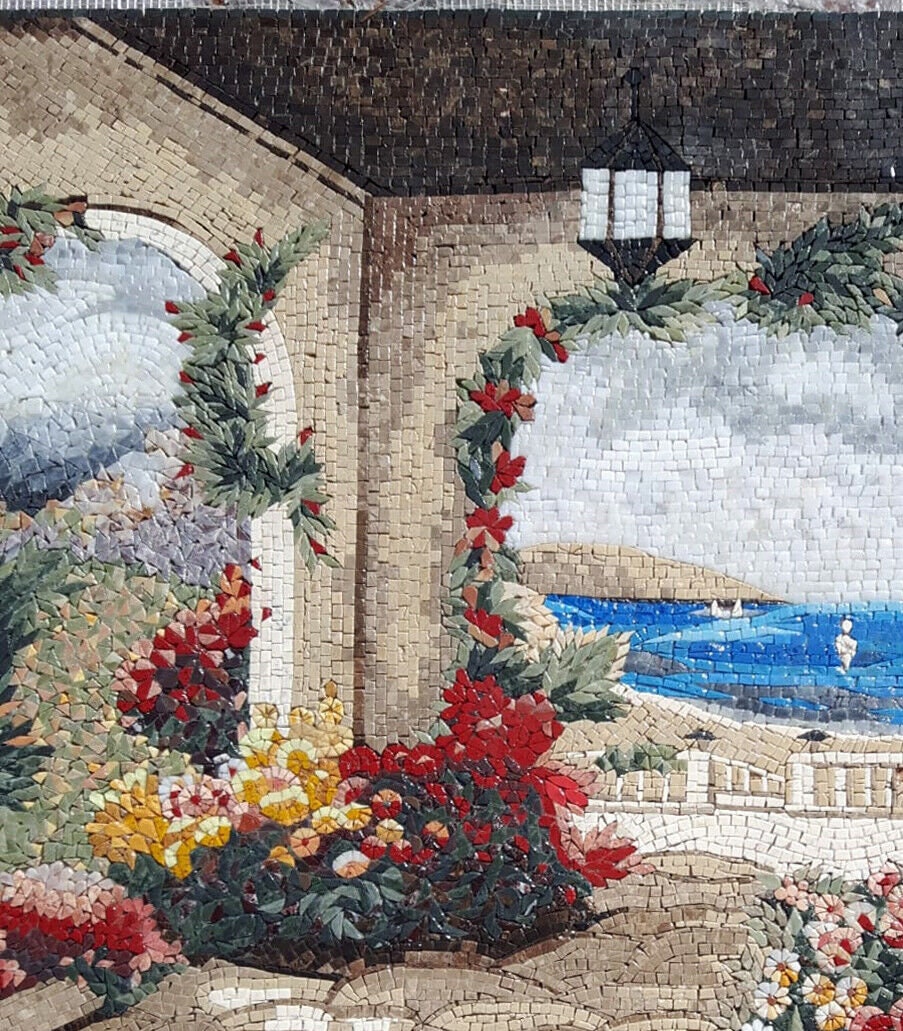 Tuscan Floral Mosaic Mural: Handmade Stone Tile Art (44” x 40")