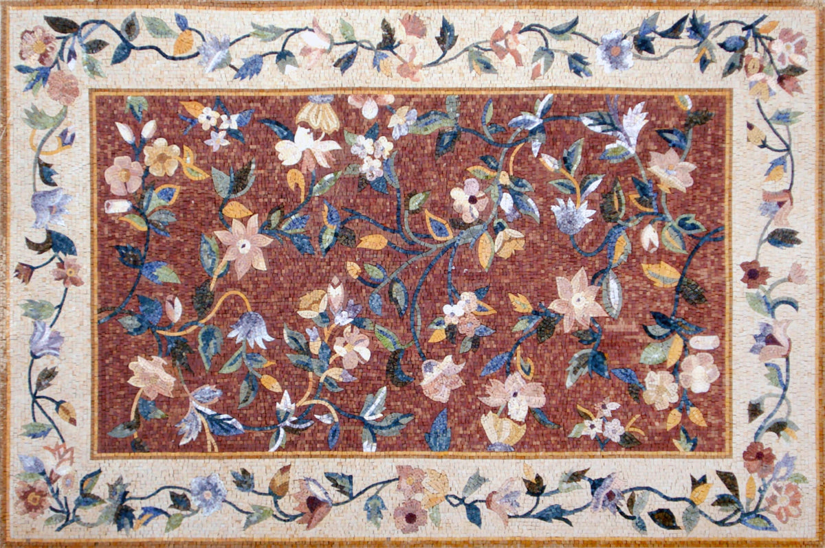 Flower Border Marble Mosaic Rug: Handmade Stone Tile Rug